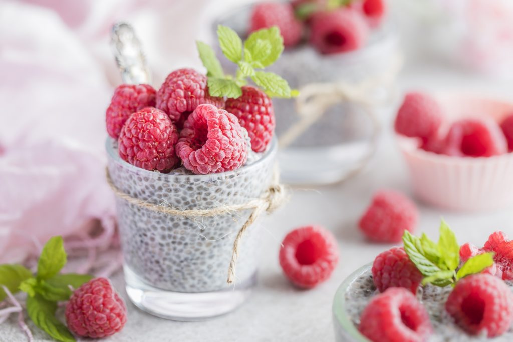 Chia pudding with fresh raspberries