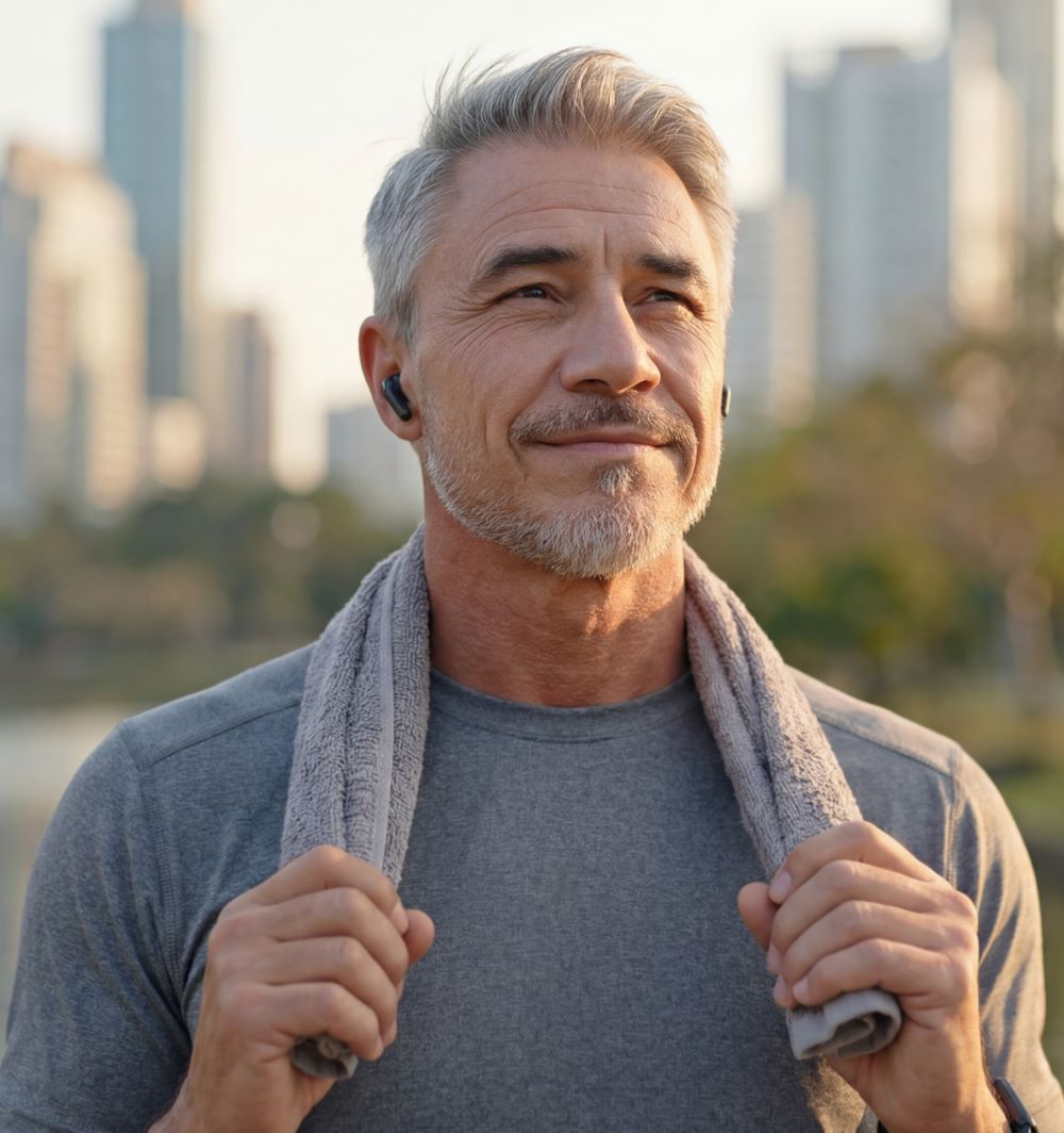 Man smiling outdoors in warm sunlight
